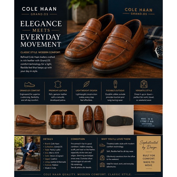 Cole Haan Other - Cole Haan Grand.OS Men's 10 M Brown Leather Penny Loafers Dress Casual Shoes